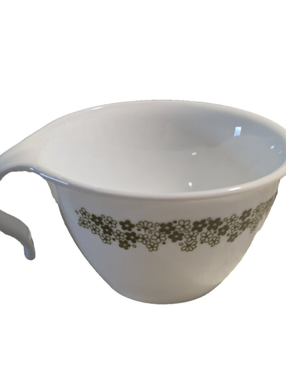 Corelle Spring Blossom Crazy Daisy Creamer Cup Hook Handle Green Glass USA Vtg
